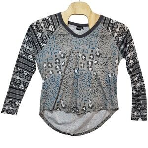 Cruel Denim Womens XXL Gray Leopard Geometric Mixed Print Raglan V-Neck Top
